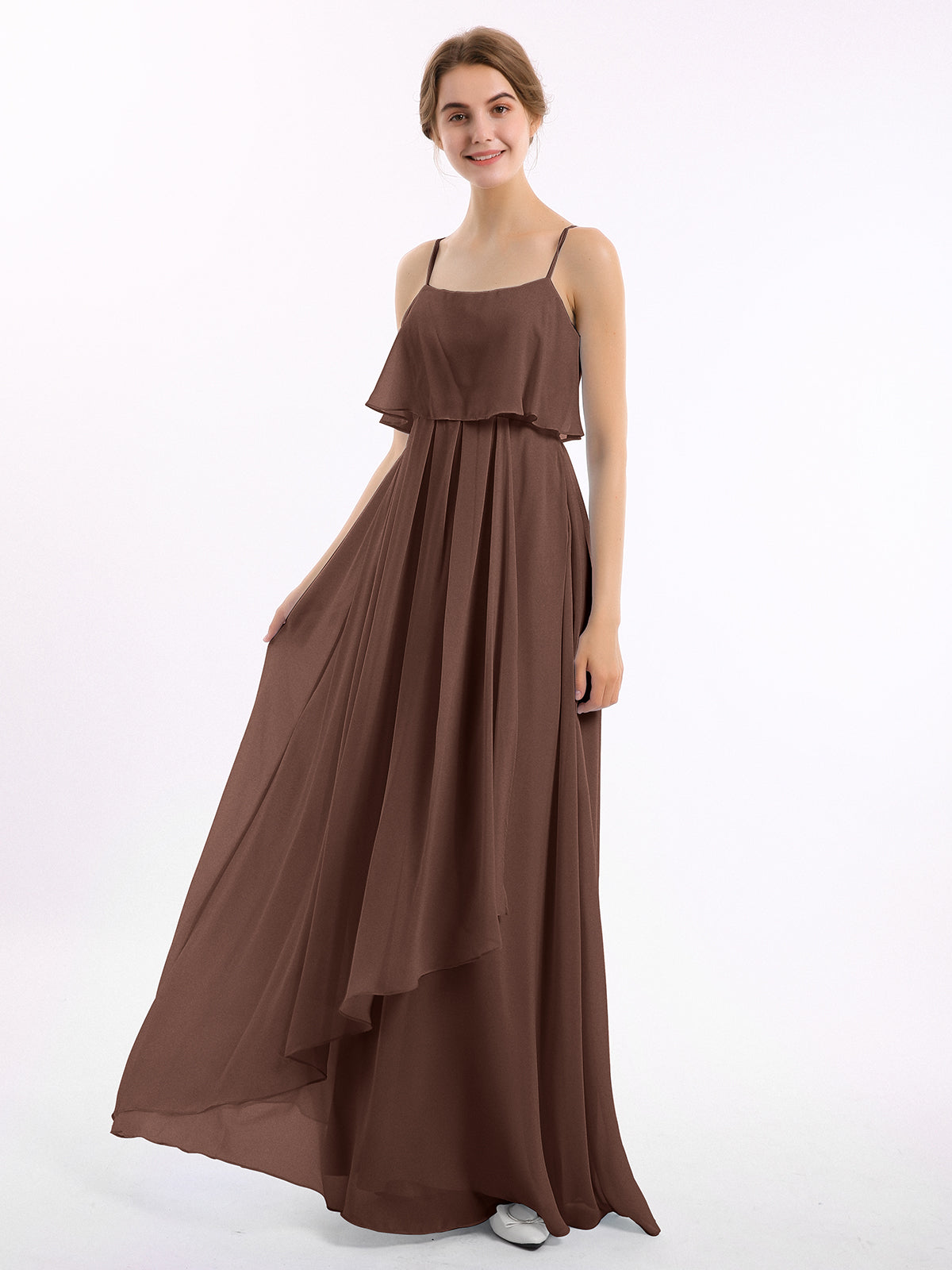 Spaghetti Strap Chiffon Dresses with Shoulder Ruffles Peach Plus Size
