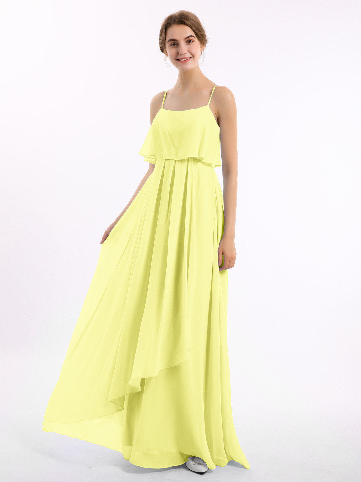 BABARONI Spaghetti Strap Chiffon Dress with Cascade Skirt-Daffodil, Daffodil / US0