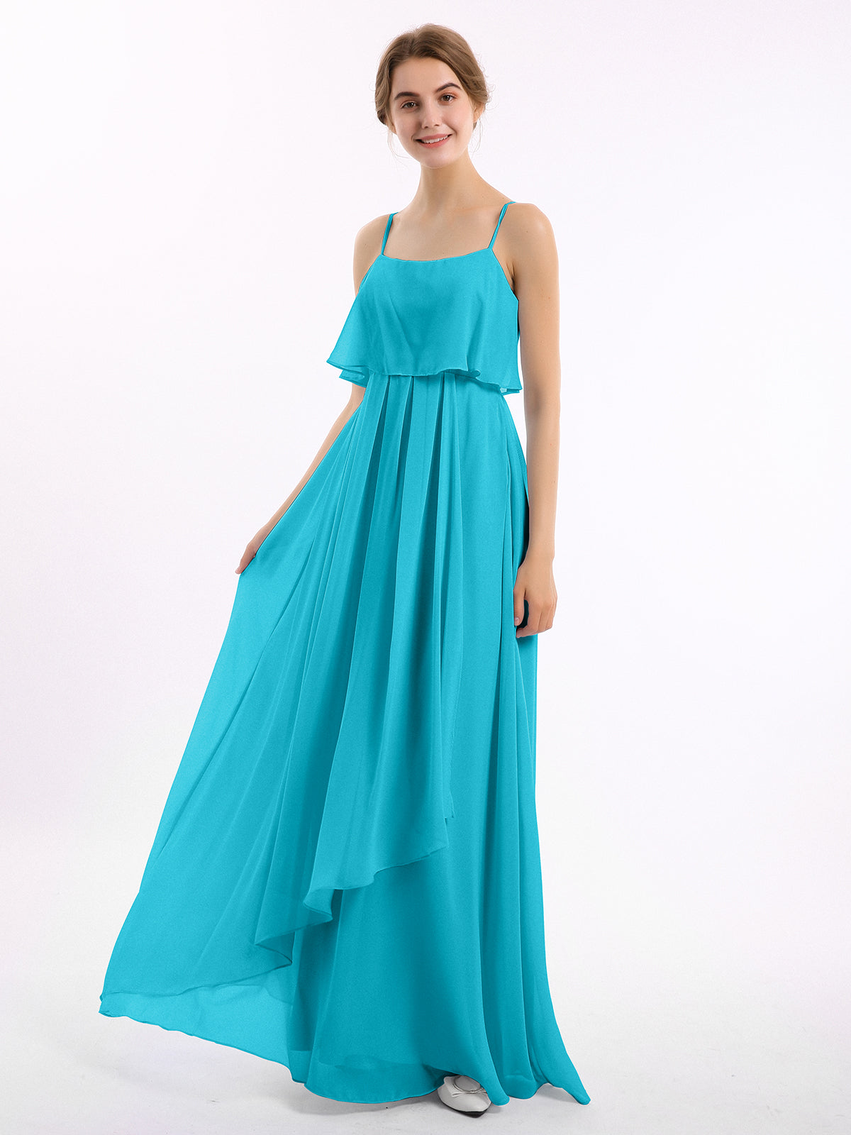 Spaghetti Strap Sweetheart Cascade Skirt Dress Turquoise