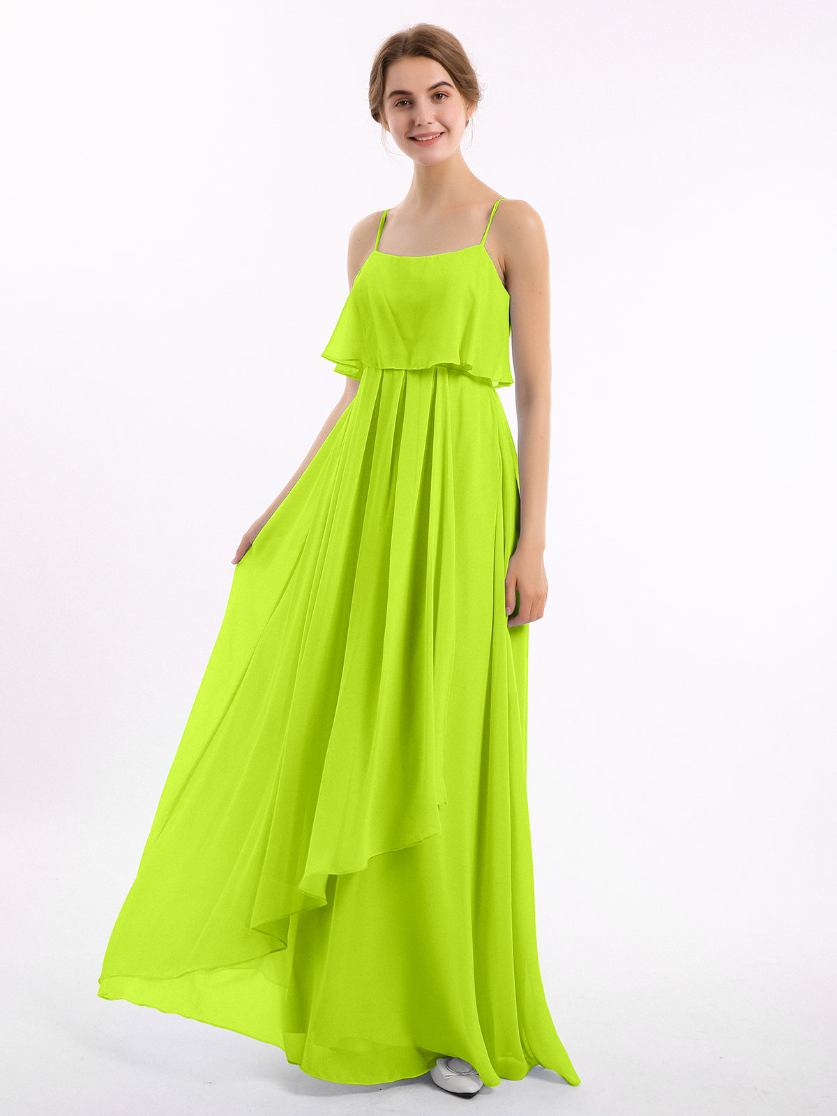 Lace Top Chiffon Skirt Dresses with Slit Lime Green Plus Size main image 0