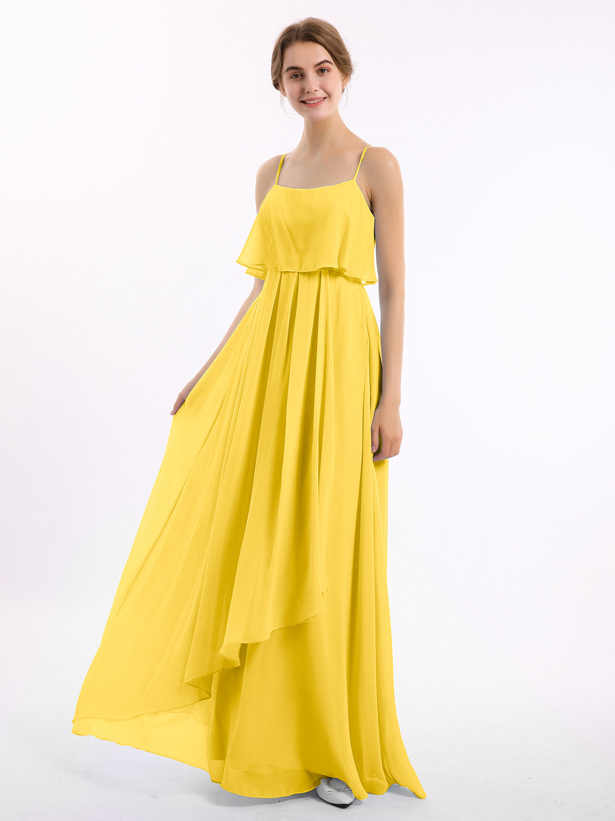 BABARONI Chiffon Marigold Bridesmaid Dresses Square Floor-length Spaghetti Straps Ruched A-line, Marigold / US0