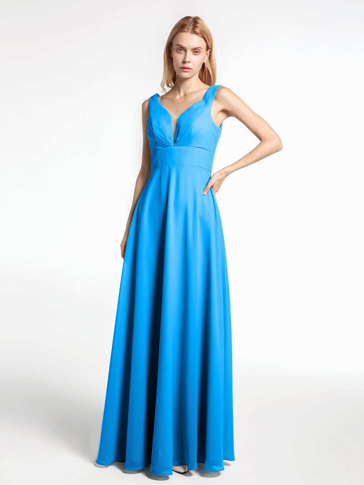 Cute Blue O-Neck Print Chiffon Long Dress Short Sleeve