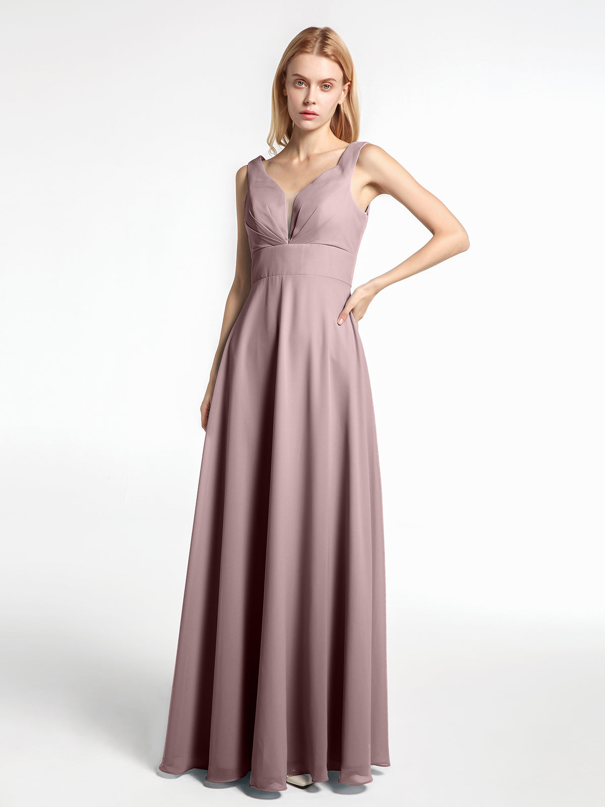 Notch Neck Chiffon Simple Floor Length Dress Champagne