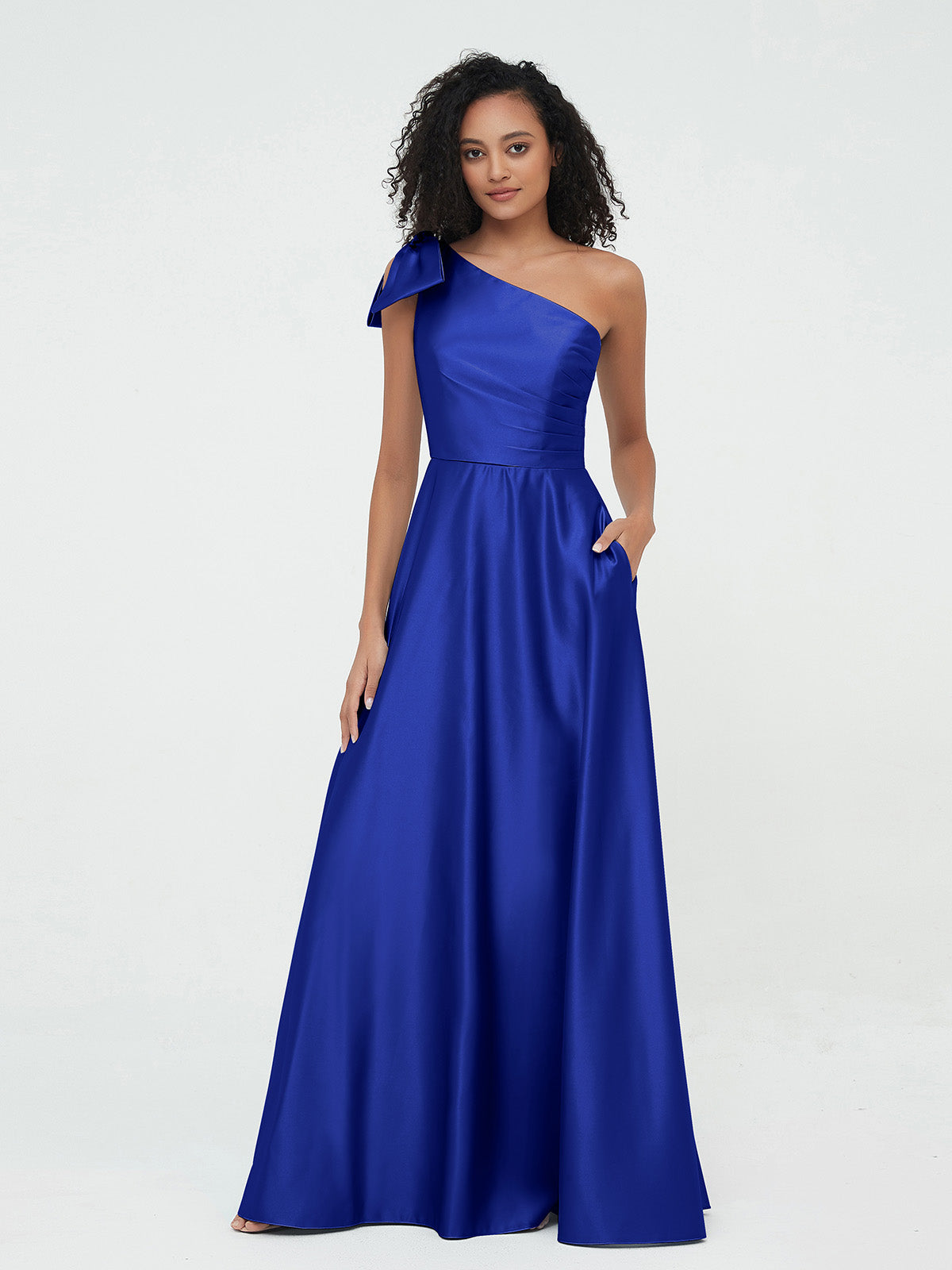 BABARONI Satin Royal Blue Bridesmaid Dresses One Shoulder Floor-length