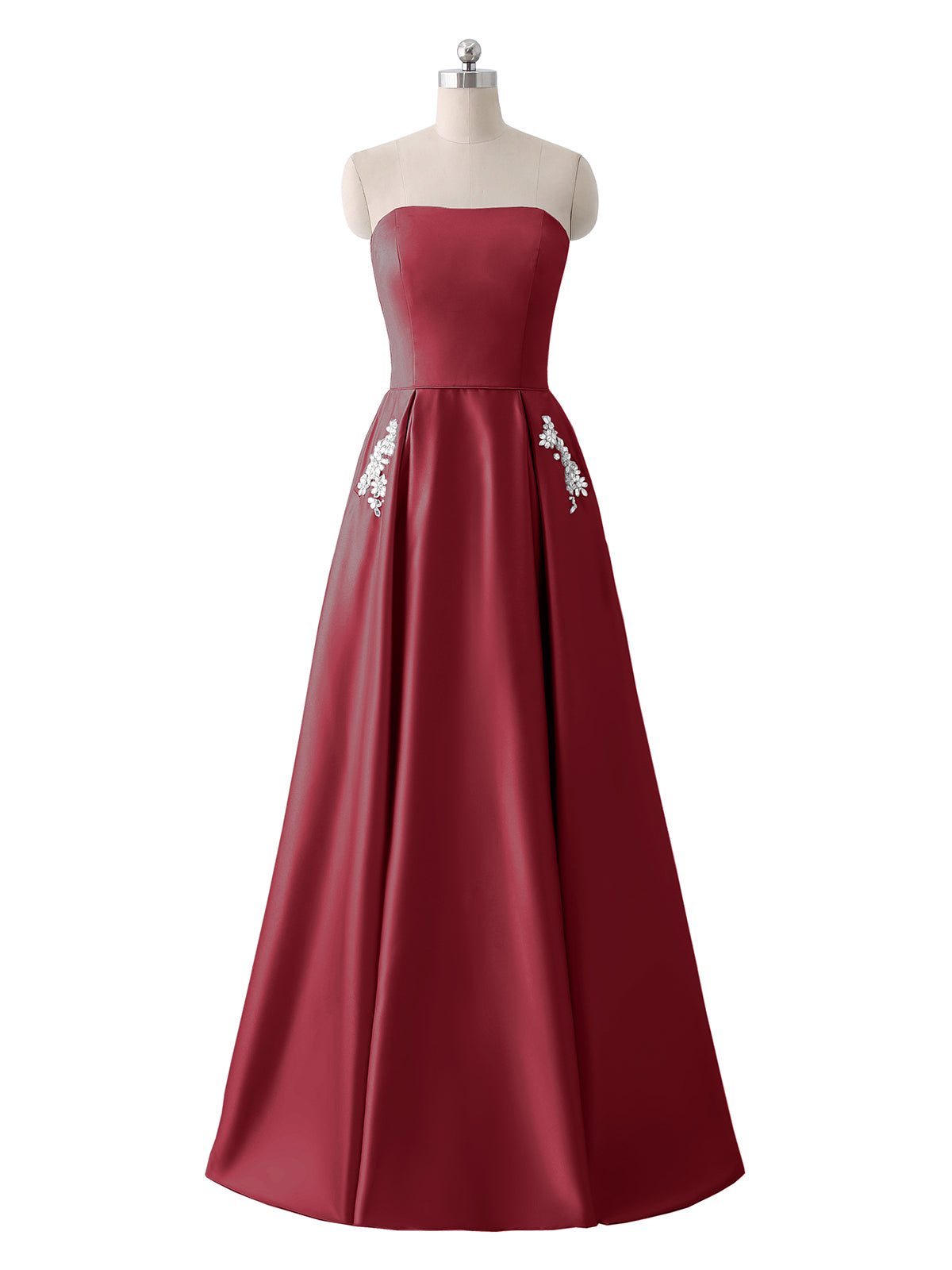 BABARONI Satin Burgundy Bridesmaid Dresses Strapless Floor-length Lace-up  Sleeveless Pocket A-line