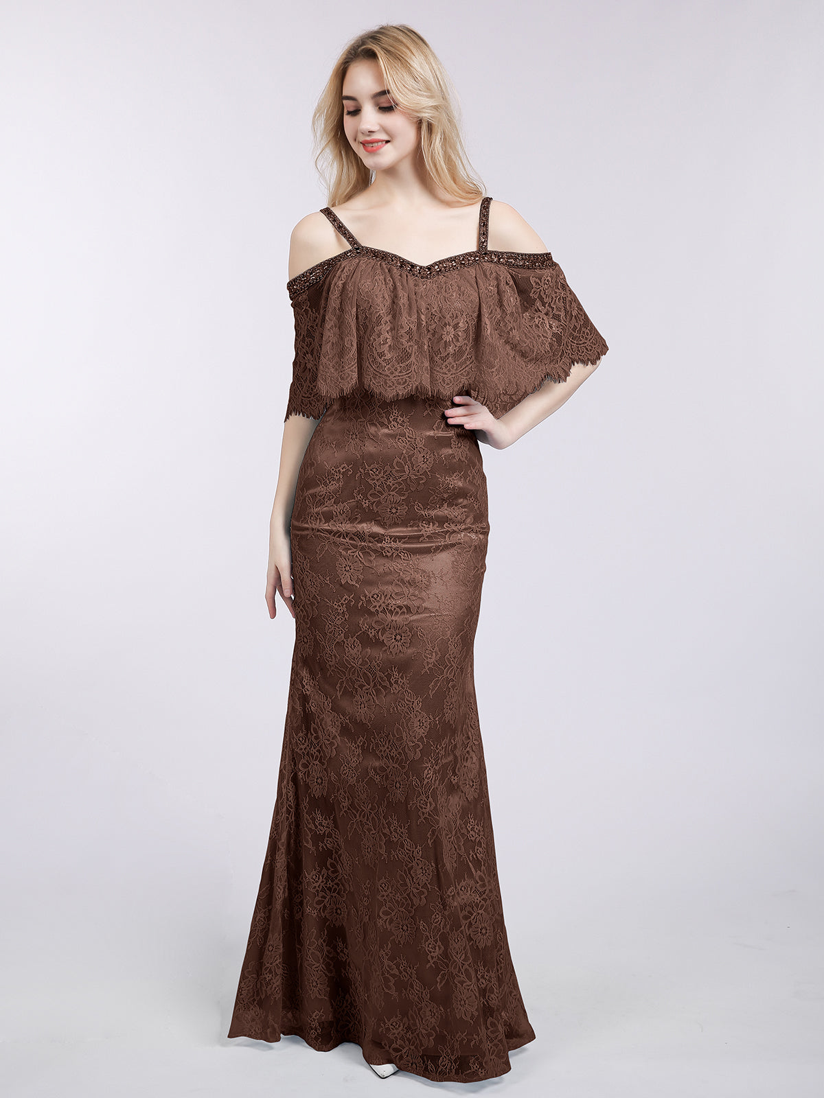 Long Chiffon Bridesmaid Dresses with Spaghetti Strap Chocolate Plus Size