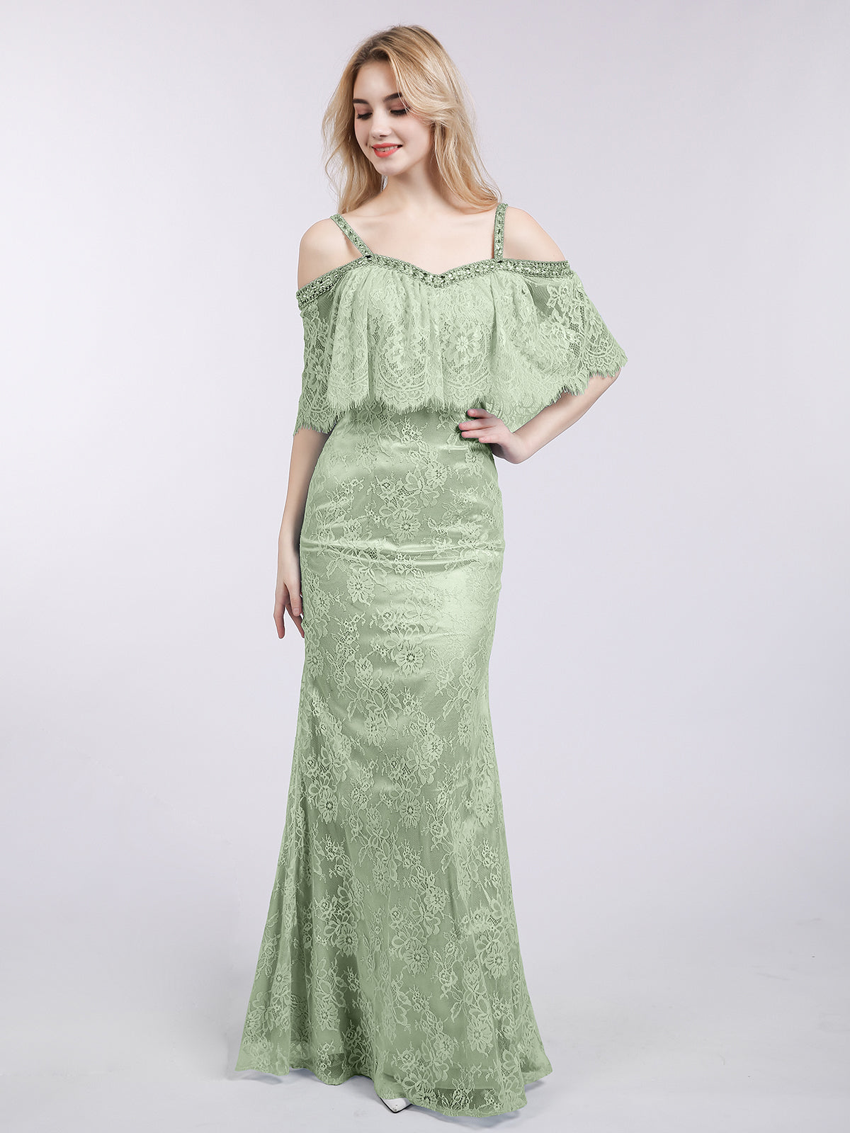 BABARONI Lace Dusty Sage Bridesmaid Dresses Off-the-shoulder Floor-length  Straps Beaded Trumpet/Mermaid