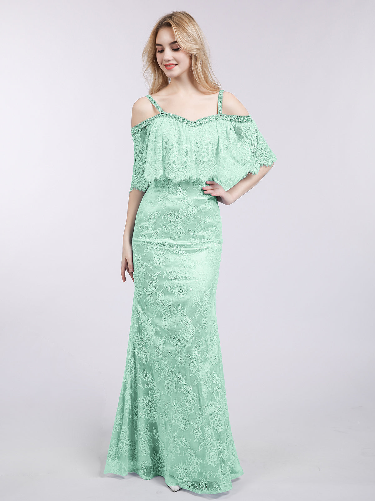 BABARONI Spaghetti Strap Mermaid Lace Gown-Mint Green, Mint Green / US0 BABARONI Spaghetti Strap Mermaid Lace Gown-Mint Green, Mint Green / US0