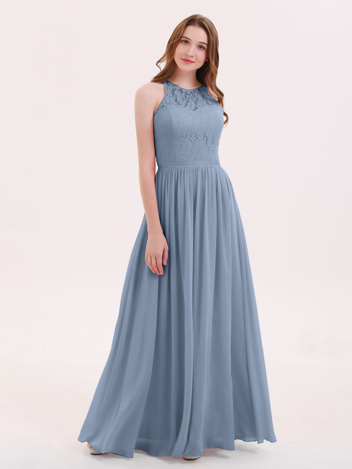 Illusion Neck Gowns with Lace Bodice Dusty Blue Plus Size