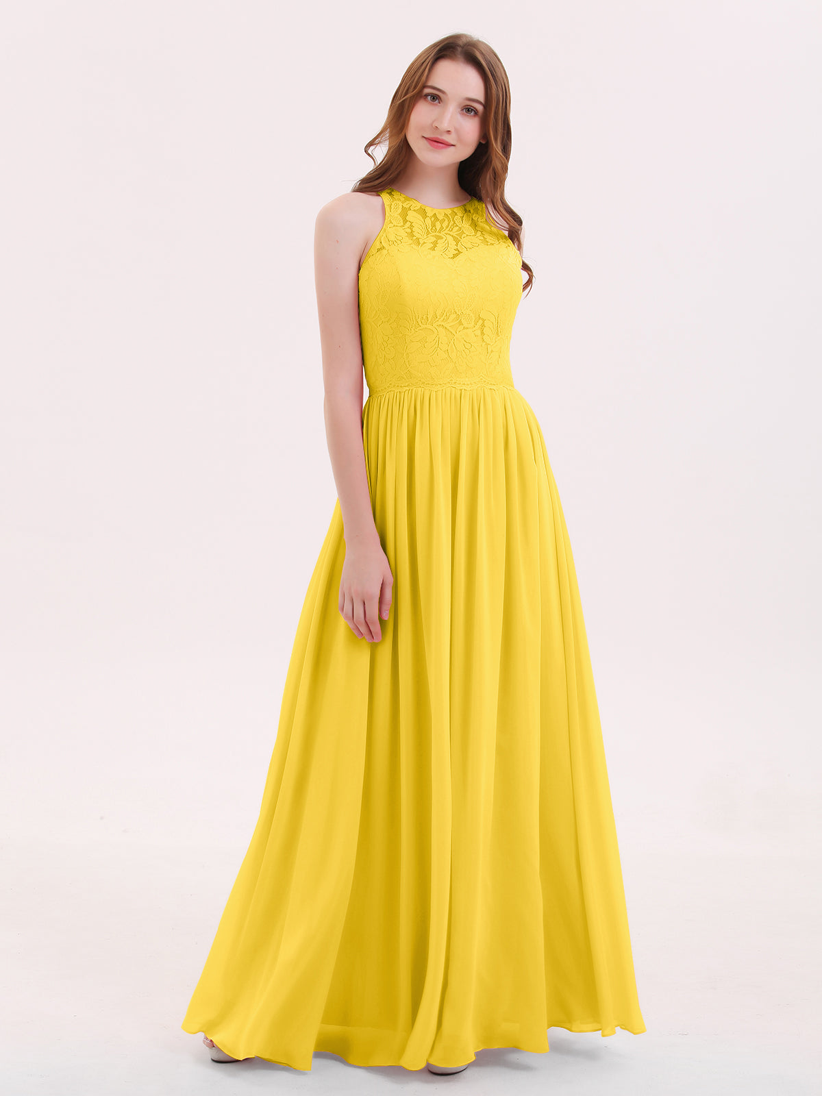 BABARONI Long Lace Dress with Illusion Sweetheart Neck-Marigold, Marigold / US0