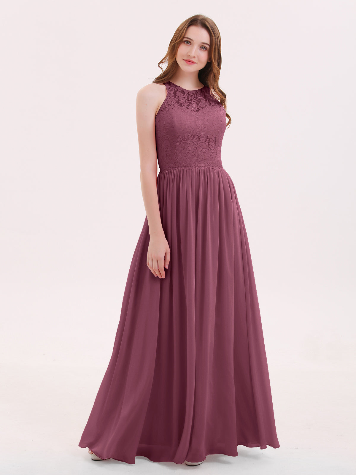 burgundy high neck bridesmaid dresses A-line High Halter Keyhole Burgundy Chiffon Long Bridesmaid dress