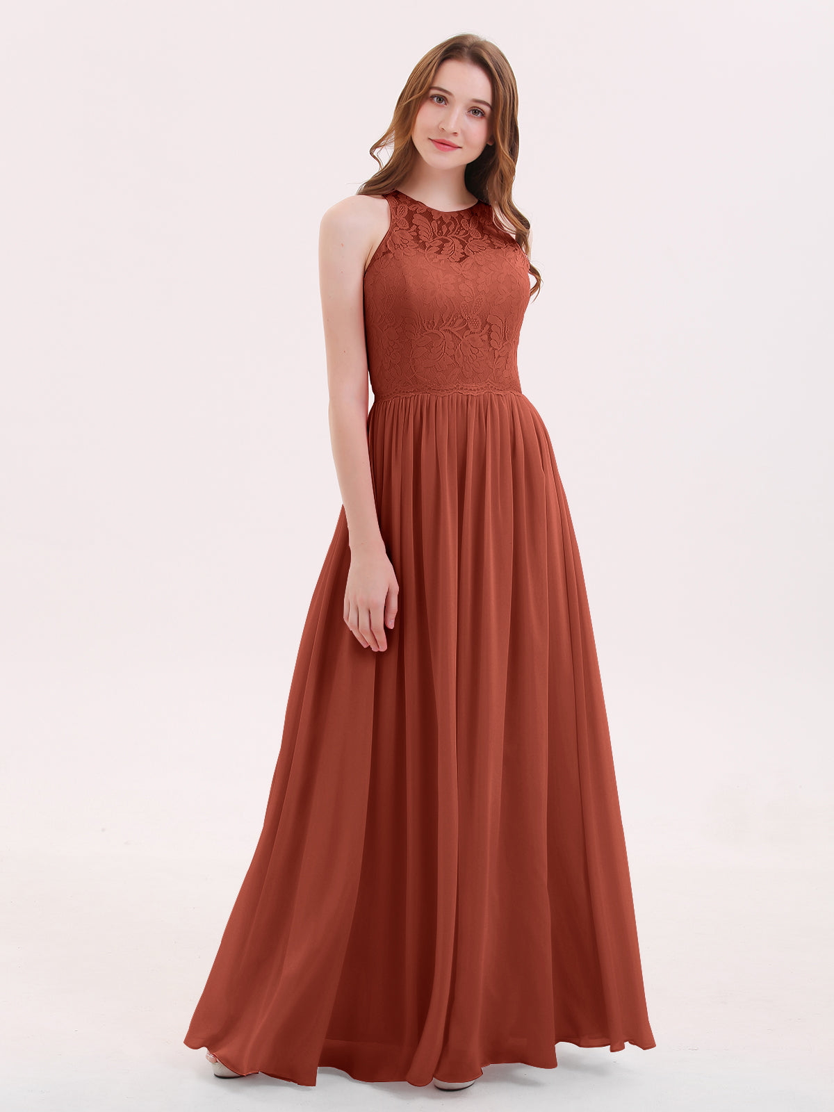 rust color dress BABARONI BABARONI Chiffon Rust Bridesmaid Dresses Illusion Floor-length Sleeveless Lace A-line, Rust / US0