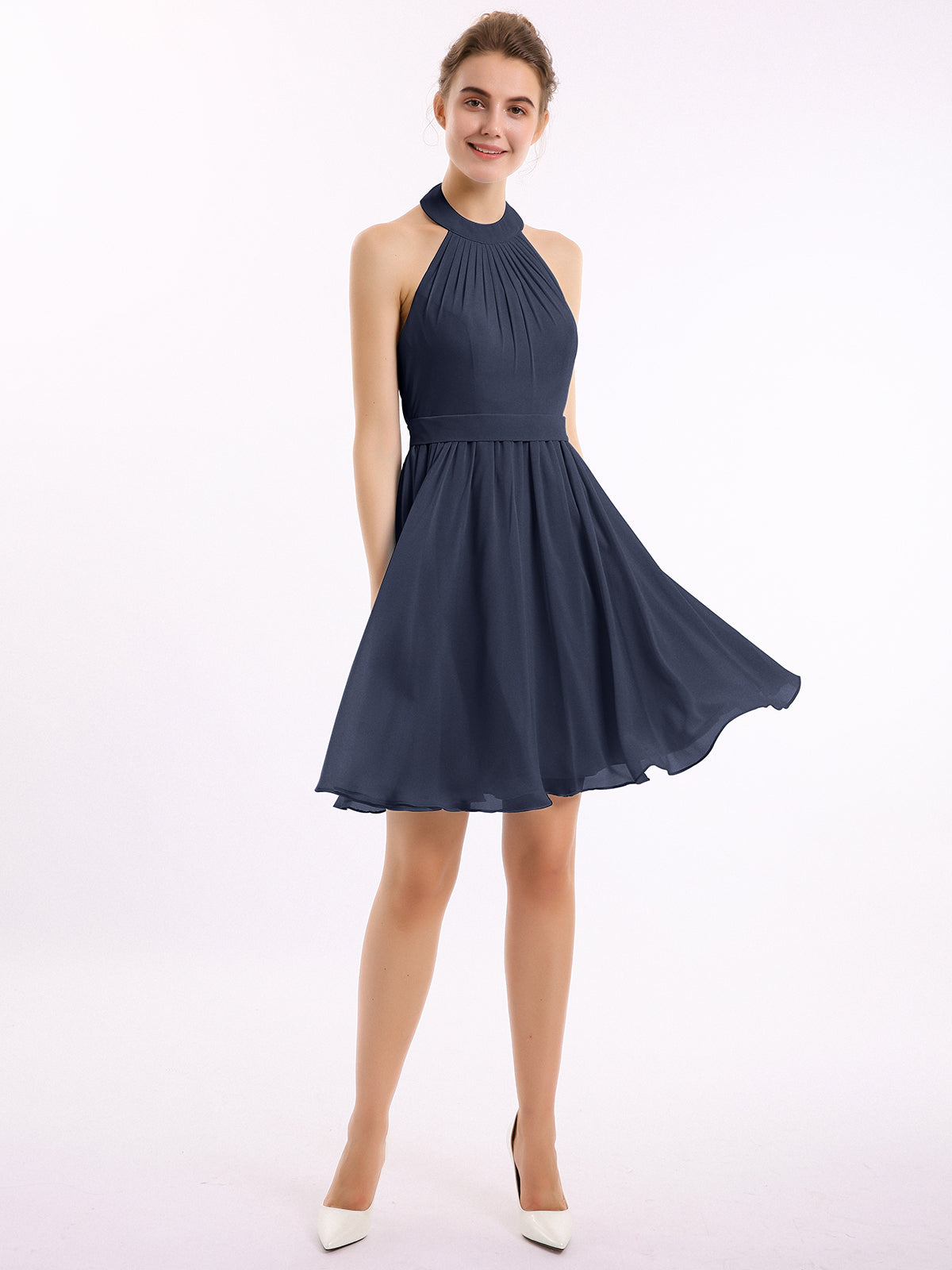 BABARONI Halter Chiffon Short Bridesmaid Dresses-Dark Navy, Dark Navy / US0