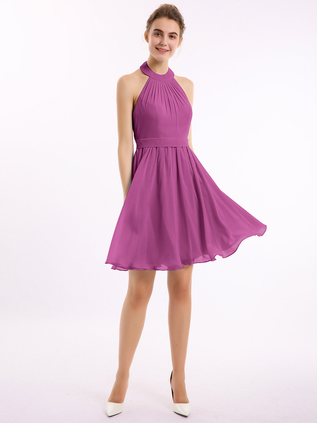 fabulous halter ruched short chiffon dress ,lavender purple short