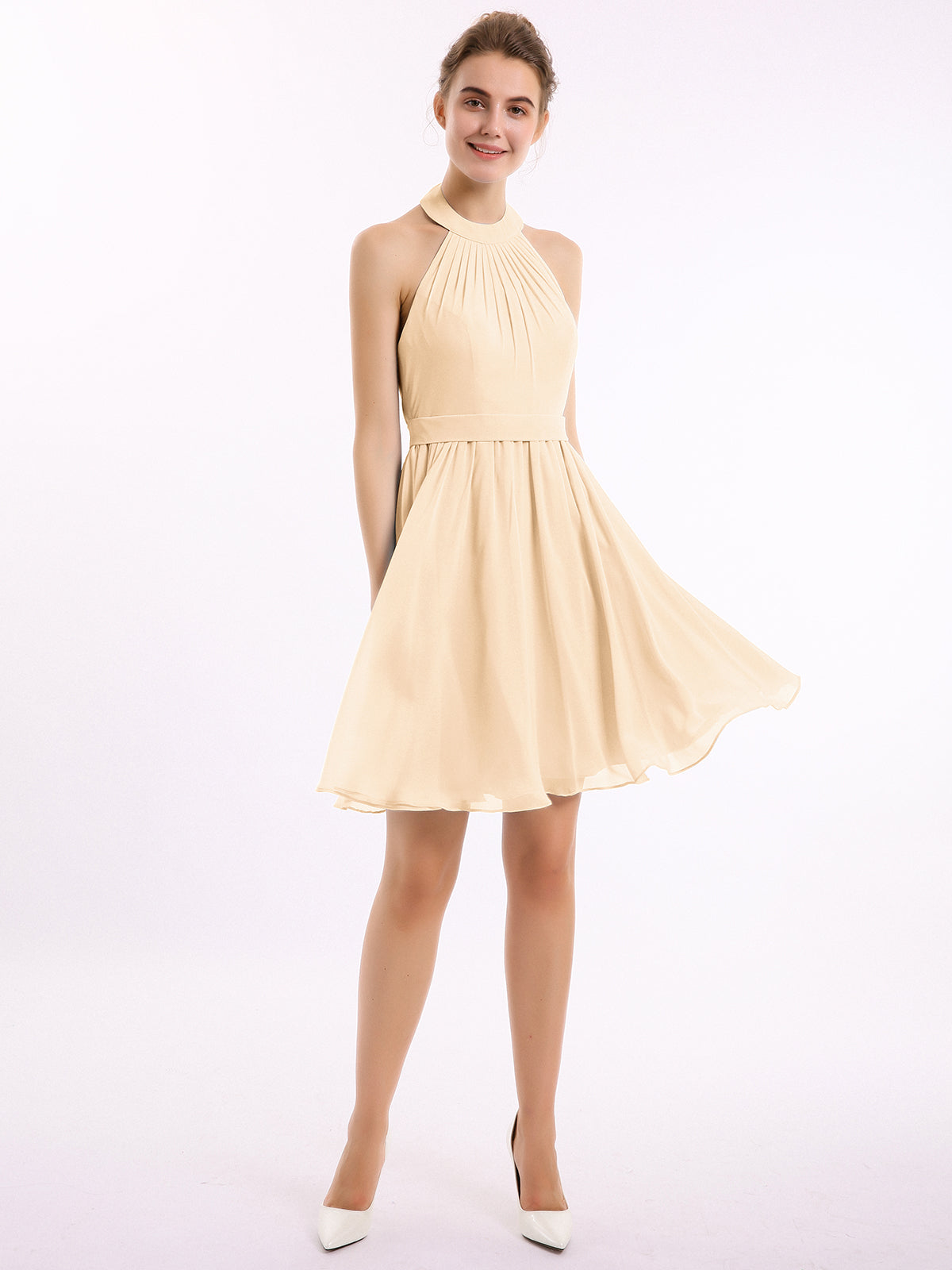 BABARONI Halter Chiffon Short Bridesmaid Dresses-Peach Plus size, Peach / US18
