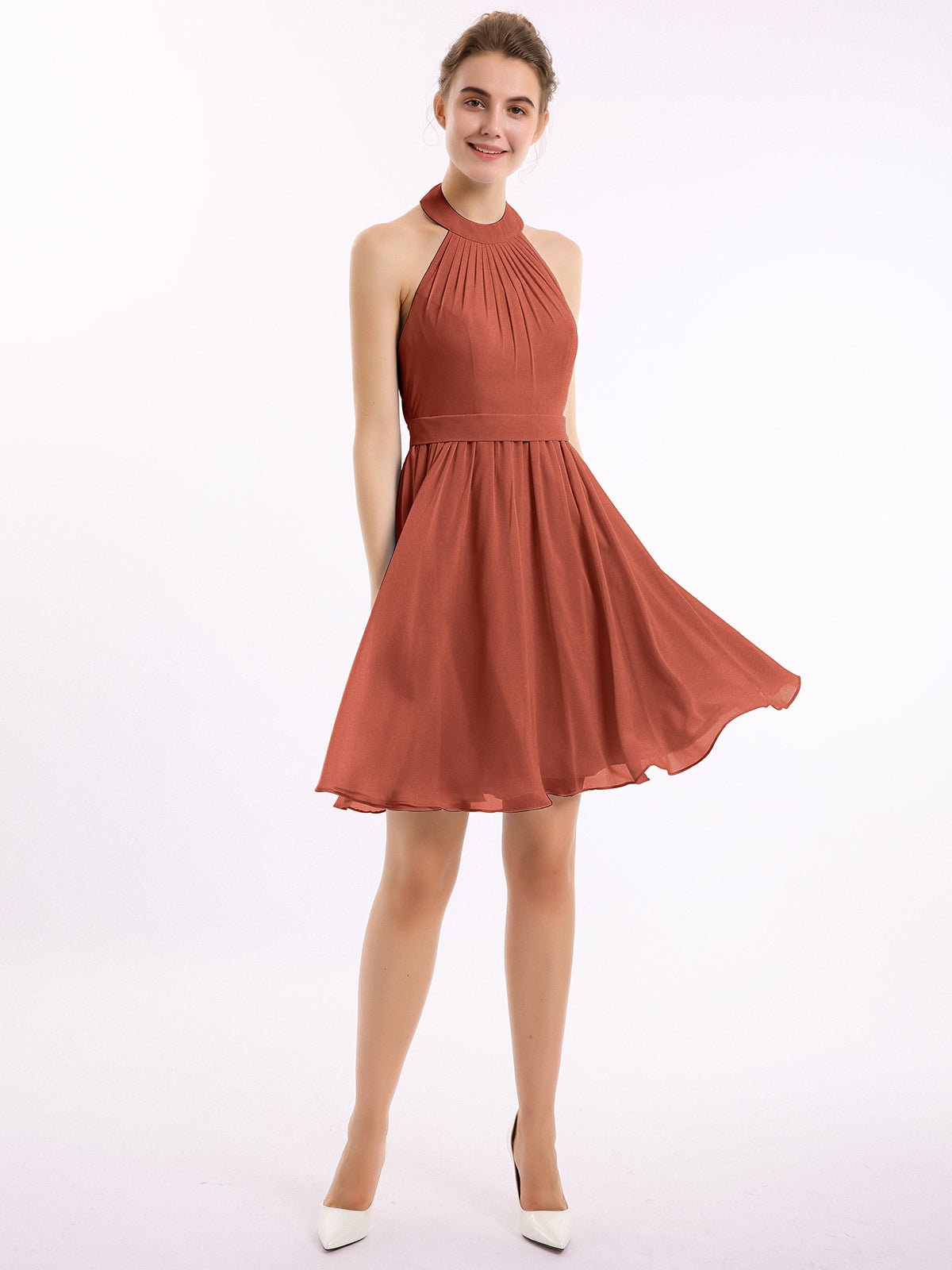 Short Halter Chiffon Bridesmaid Gown Peacock Plus Size