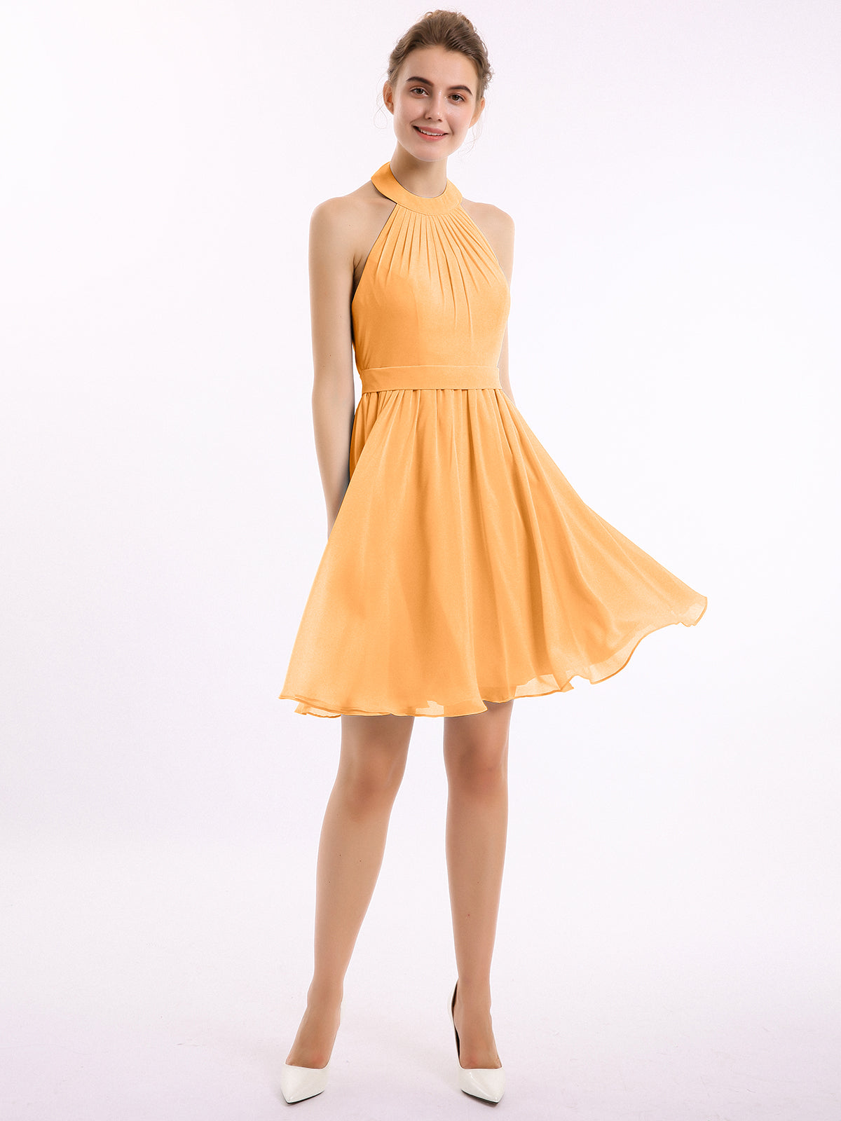 Long Halter Chiffon Dress with Back Double Straps Tangerine Plus Size