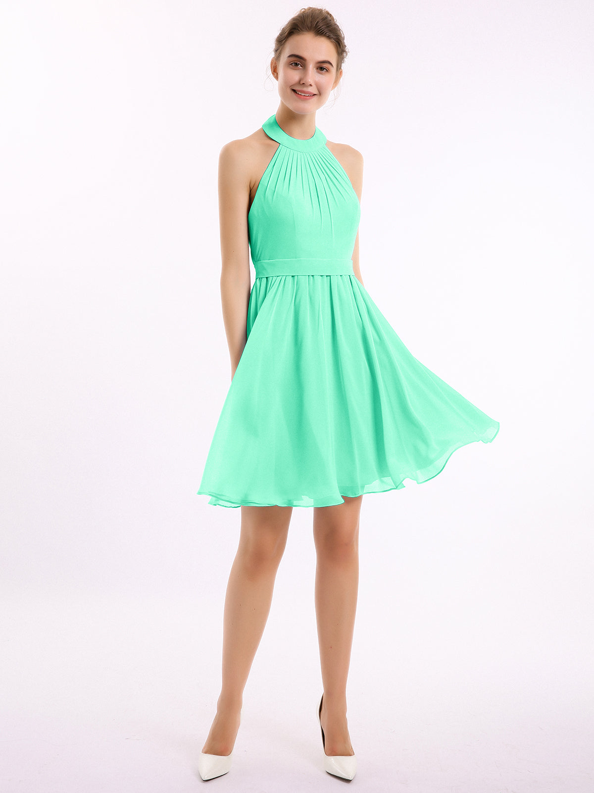 BABARONI Halter Chiffon Short Bridesmaid Dresses-Turquoise, Turquoise / US0