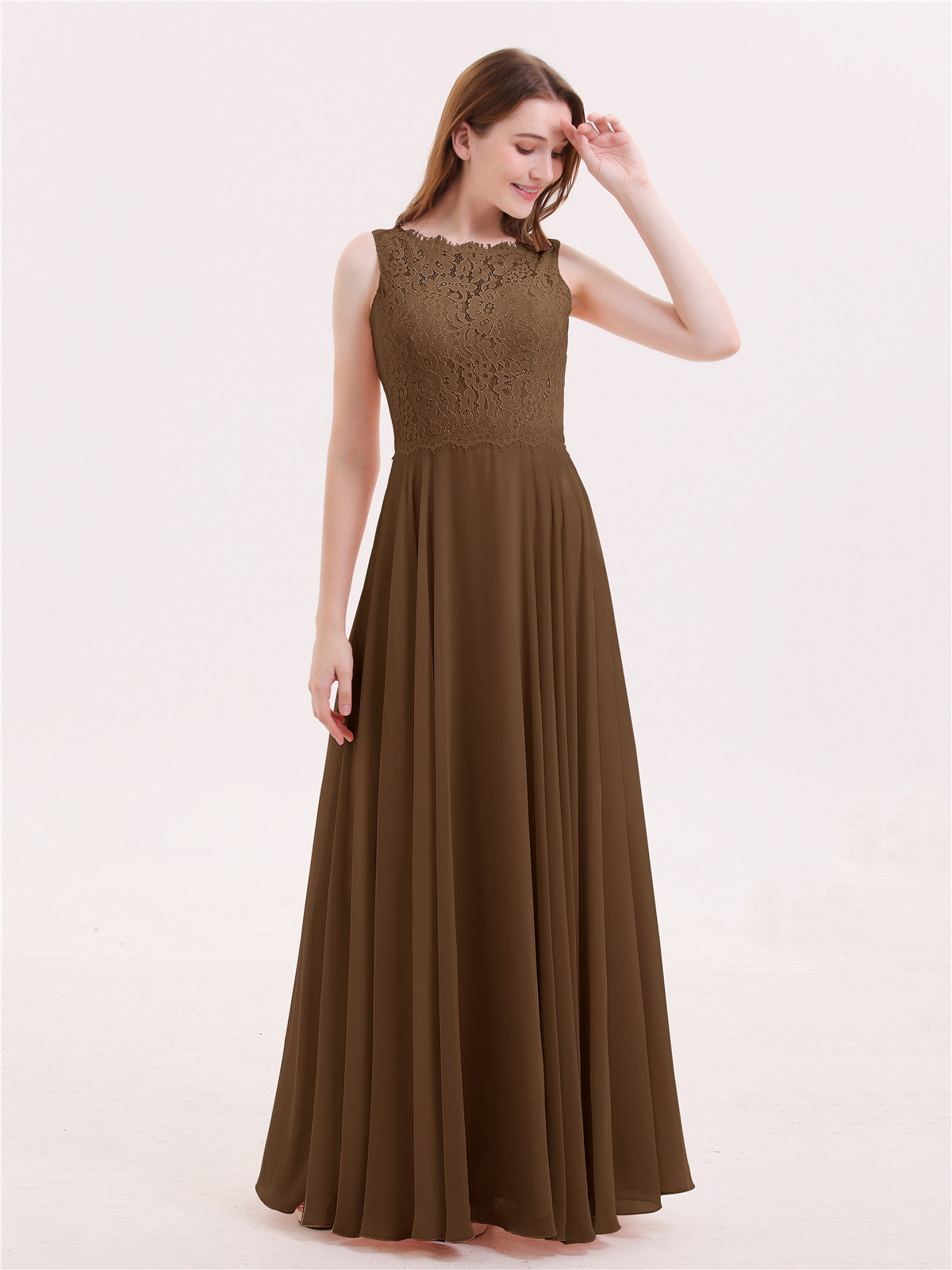 BABARONI Lace Bodice Chiffon Skirt Long Dress-Brown, Brown / US0