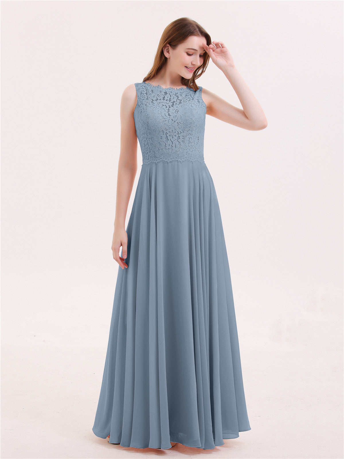 Sleeveless Halter Floor-length Lace Dress Dusty Blue Plus Size
