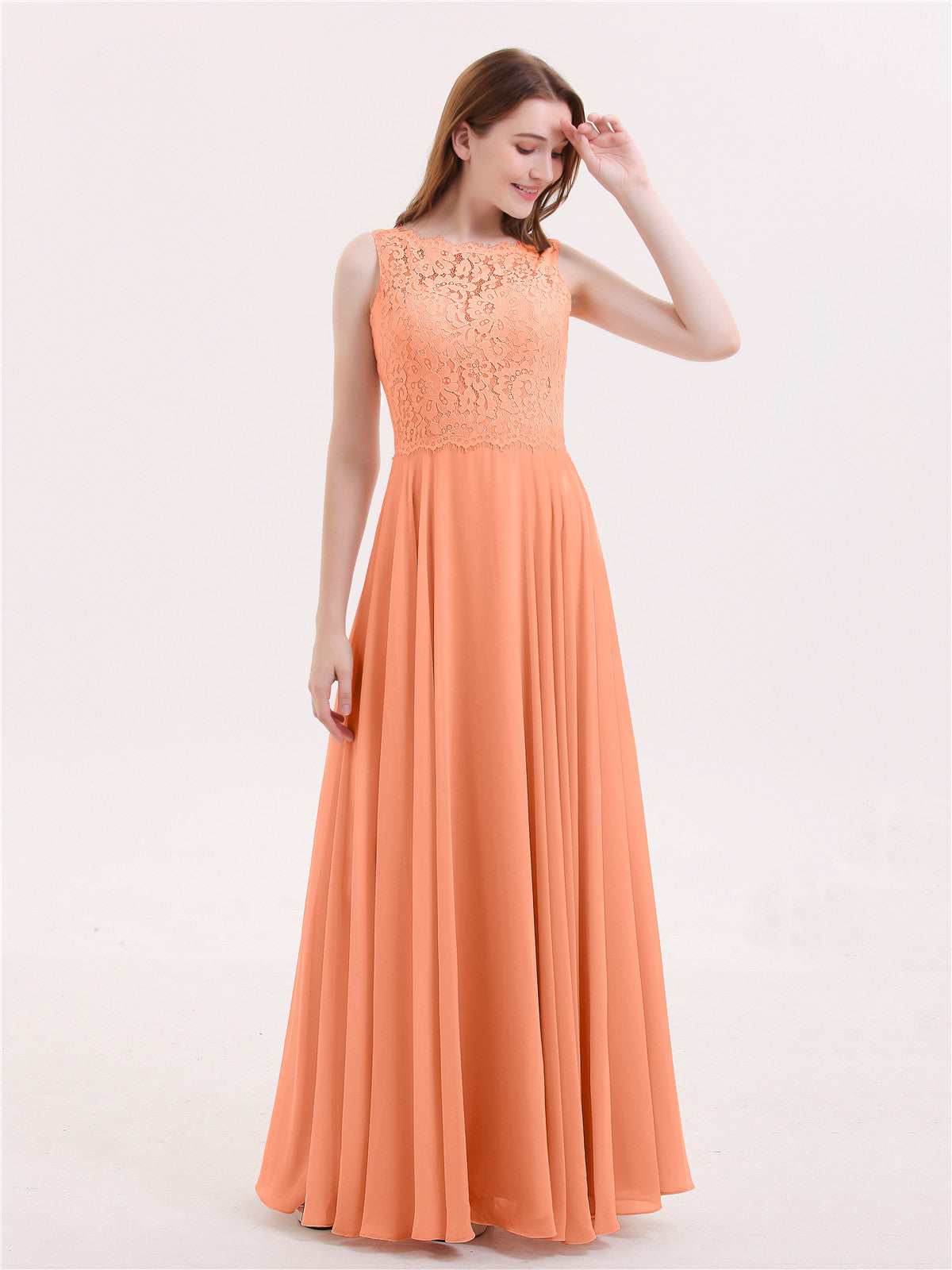 BABARONI Lace Bodice Chiffon Skirt Long Dress-Papaya Plus Size, Papaya / US18 BABARONI Lace Bodice Chiffon Skirt Long Dress-Papaya Plus Size, Papaya / US18