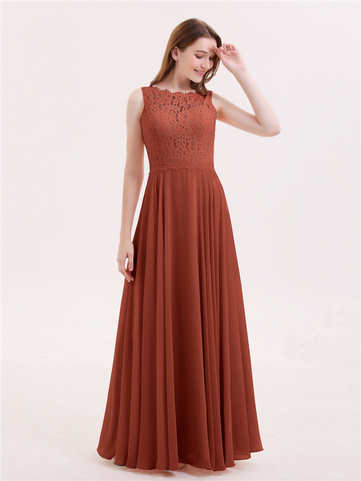 BABARONI Lace Bodice Chiffon Skirt Long Dress-Rust, Rust / US0 BABARONI Lace Bodice Chiffon Skirt Long Dress-Rust, Rust / US0