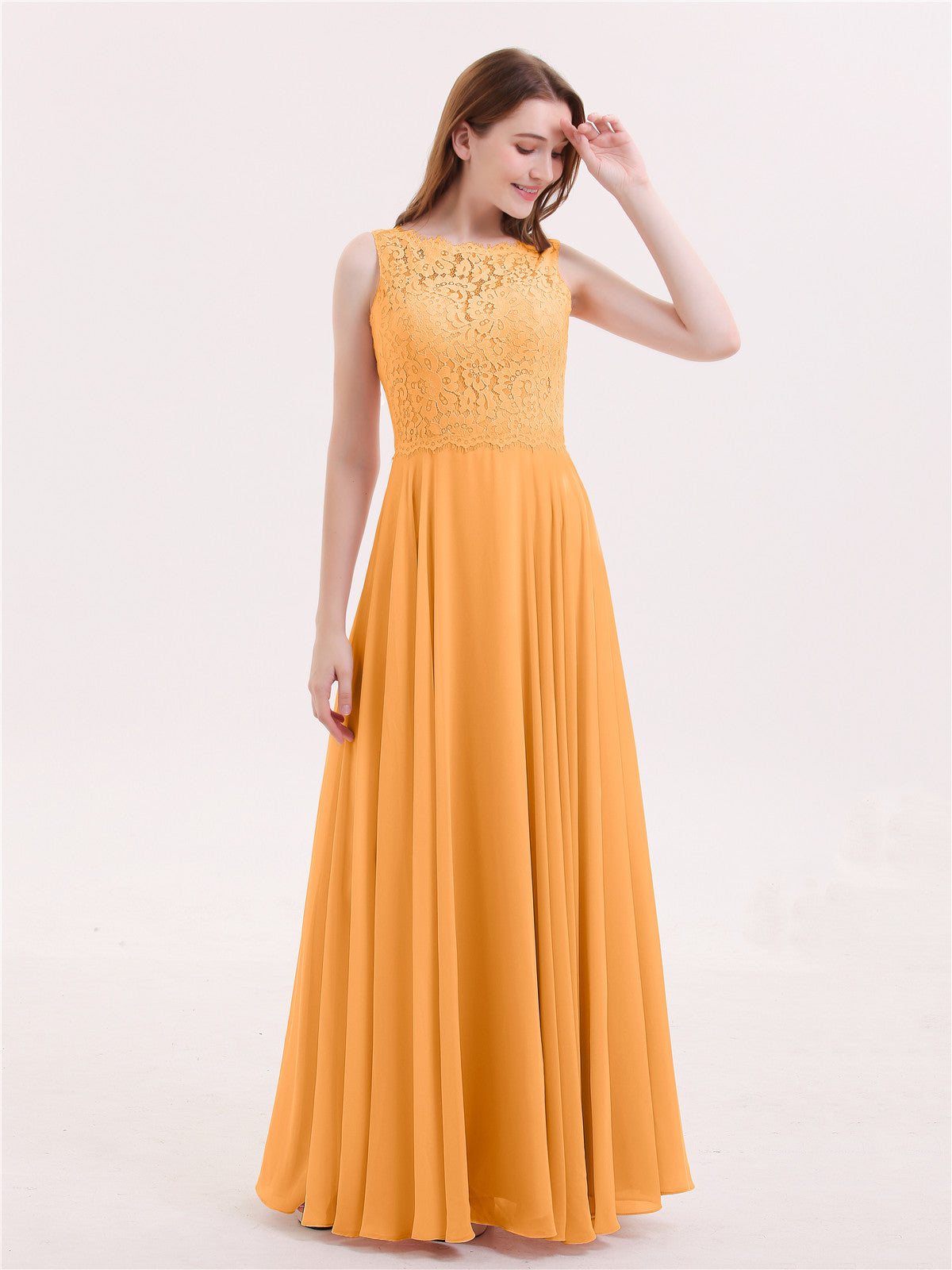 BABARONI Lace Bodice Chiffon Skirt Long Dress-Tangerine Plus Size, Tangerine / US18