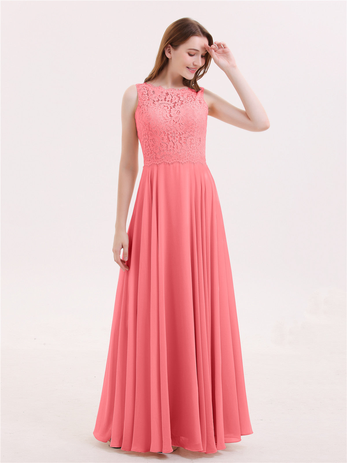 BABARONI Lace Bodice Chiffon Skirt Long Dress-Watermelon, Watermelon / US0