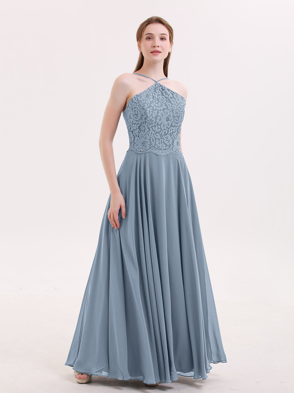 BABARONI Chiffon Dusty Blue Bridesmaid Dresses Halter Floor-length