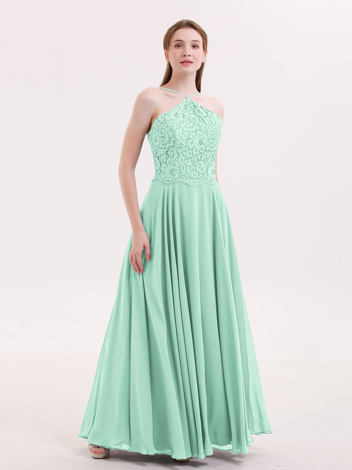 Halter Full Length Tulle Bridesmaid Dress Mint Green Plus Size
