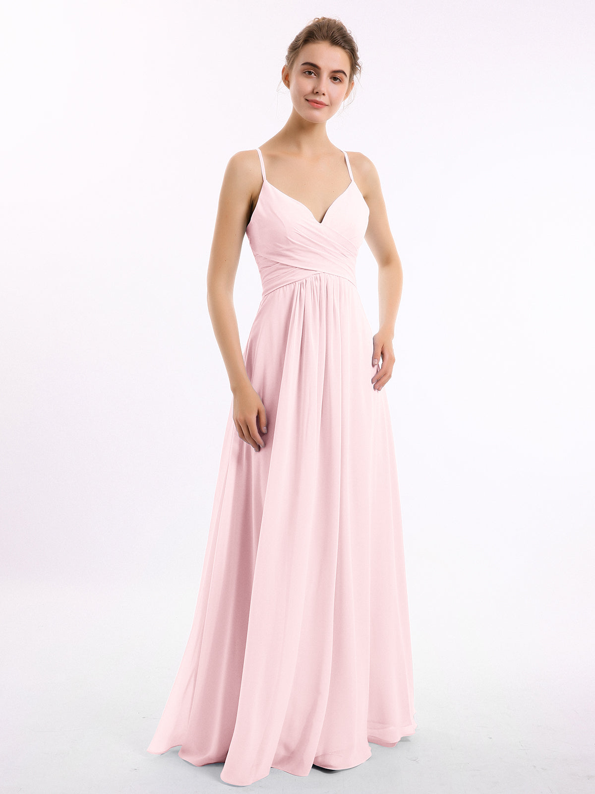 BABARONI Chiffon Blushing Pink Bridesmaid Dresses V-neck Floor-length