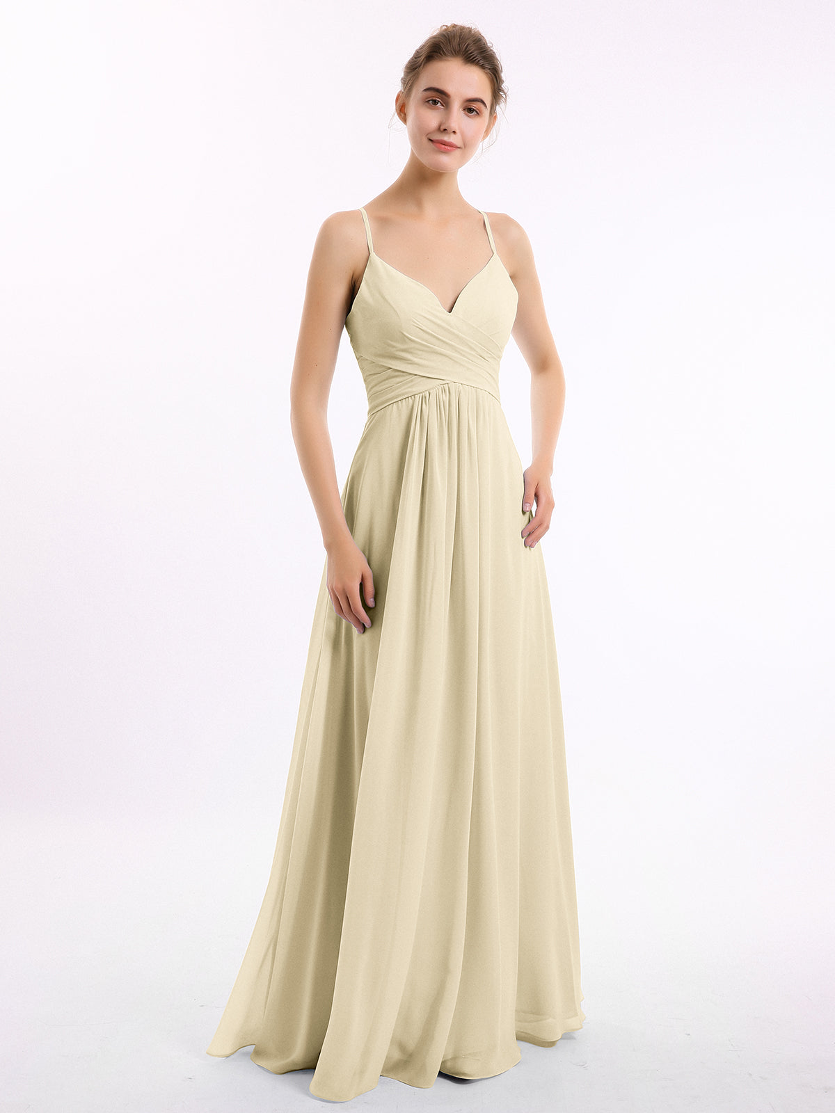 Spaghetti Straps Chiffon Dress with V Neck & Sash Bow Burgundy