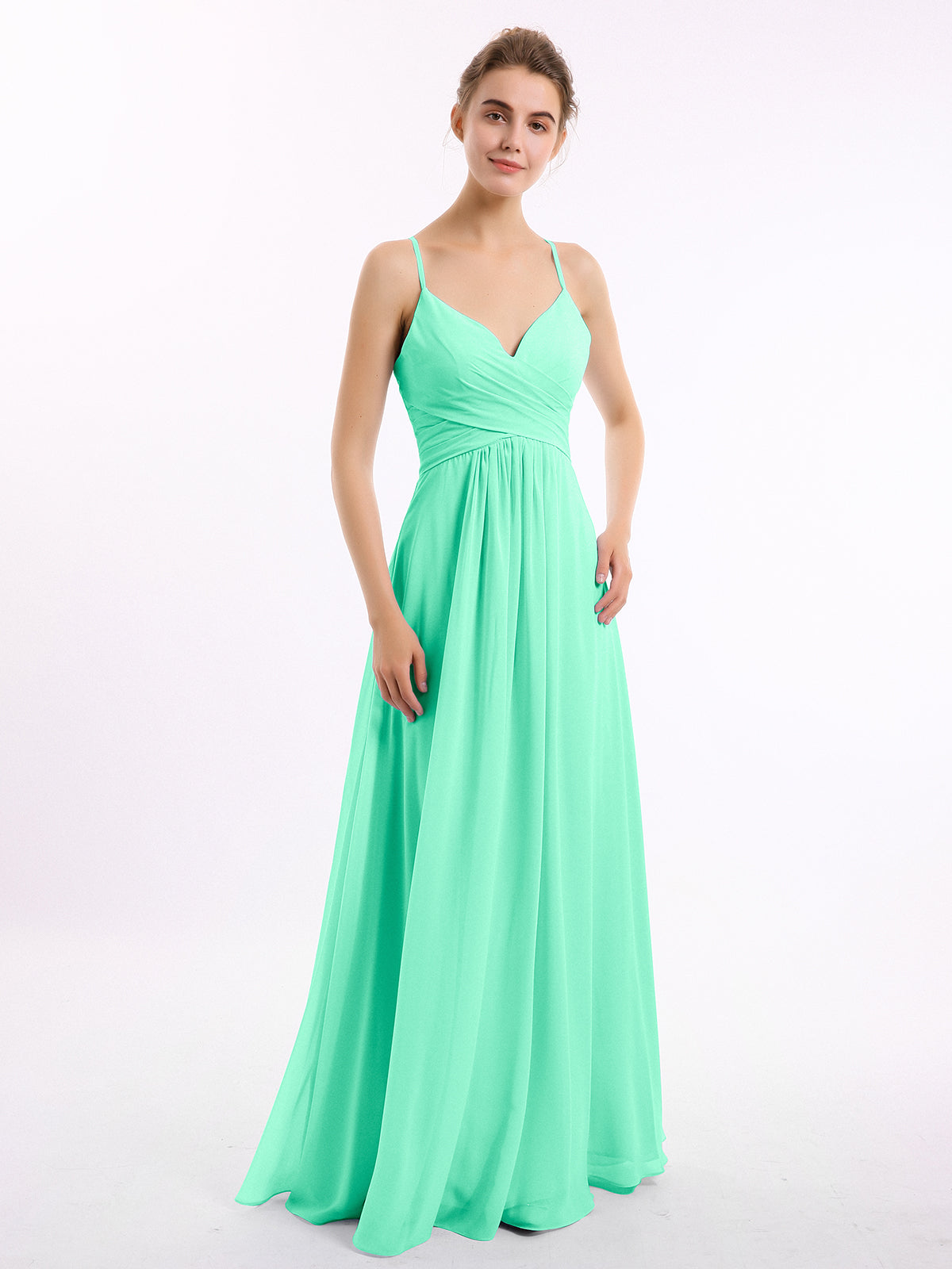 light blue junior bridesmaid dresses BABARONI Spaghetti Strap V-neck Chiffon Dresses-Turquoise, Turquoise / US0