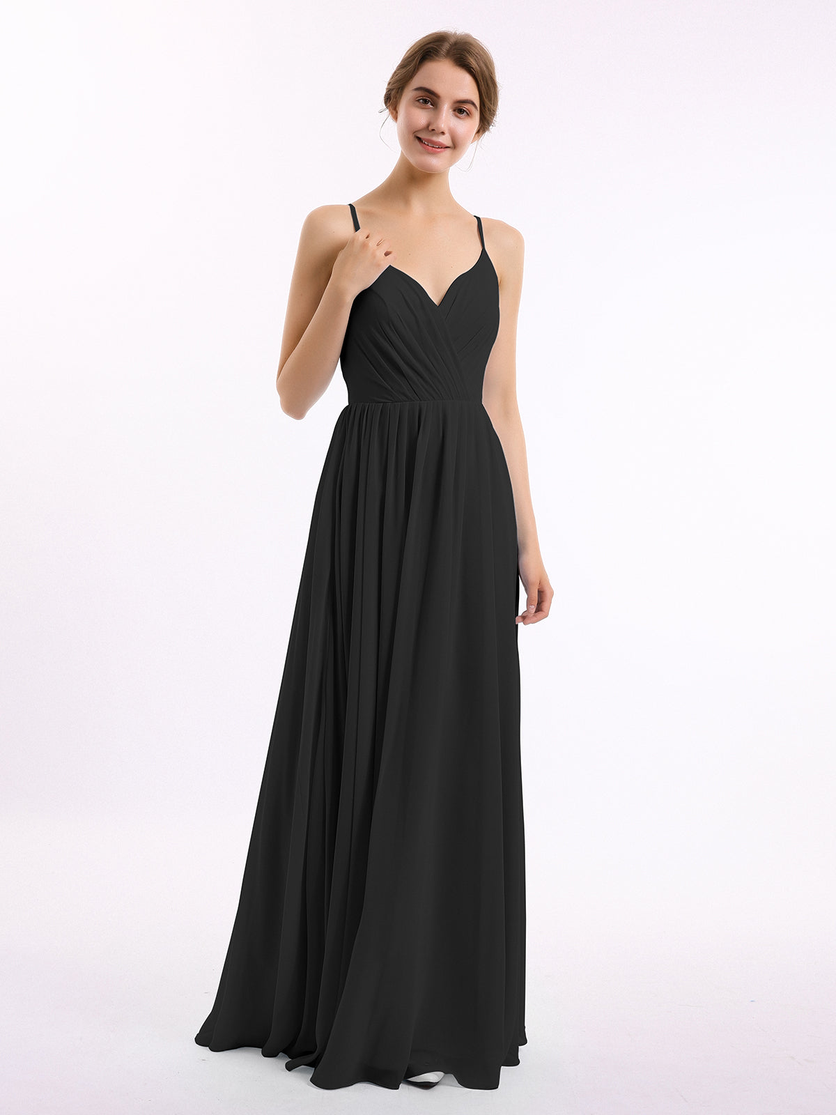 BABARONI Chiffon Black Bridesmaid Dresses V-neck Floor-length Spaghetti