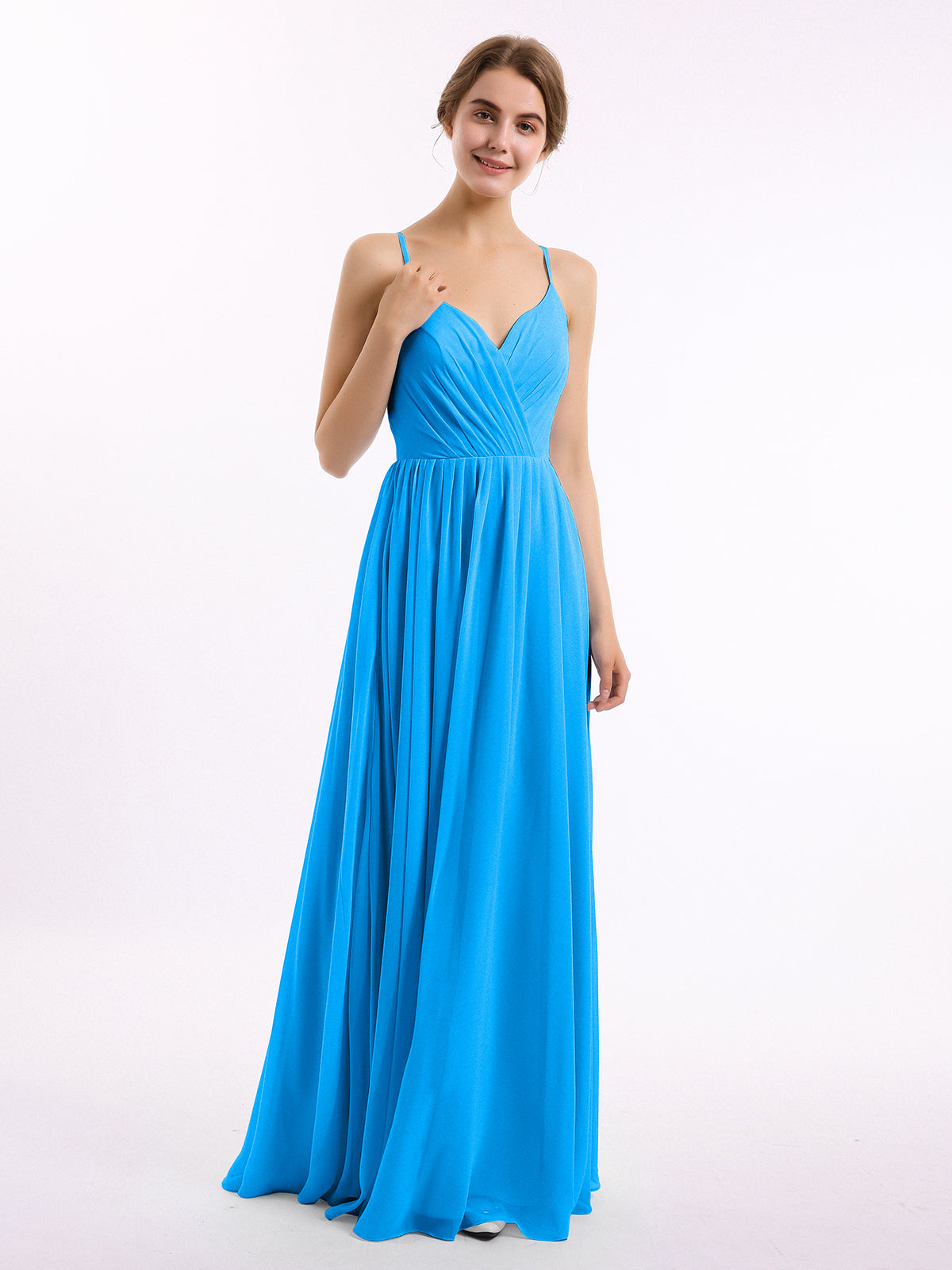 ocean blue bridesmaid dress BABARONI Chiffon Dresses V-neck Floor-length Spaghetti Straps Ruched A-line, Ocean Blue / US0 this party dress will Bottoms Size (Men's):32 cf-color-tangerine A-line V Neck Tulle