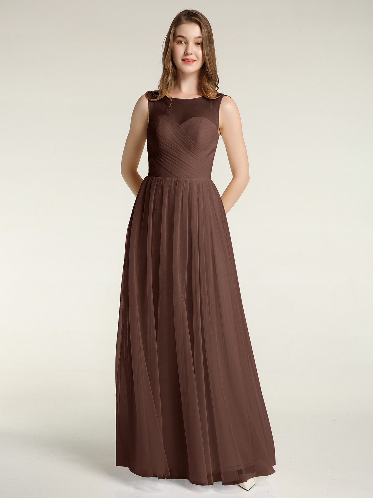 Full Skit Chiffon Bridesmaid Dress with Y Neck Chocolate Plus Size