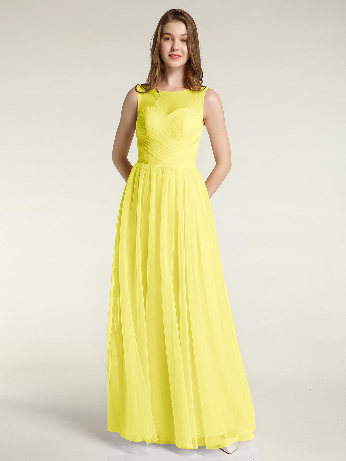 BABARONI Illusion Neck Cross Tulle Bridesmaid Dresses-Lemon, Lemon / US0 BABARONI Illusion Neck Cross Tulle Bridesmaid Dresses-Lemon, Lemon / US0