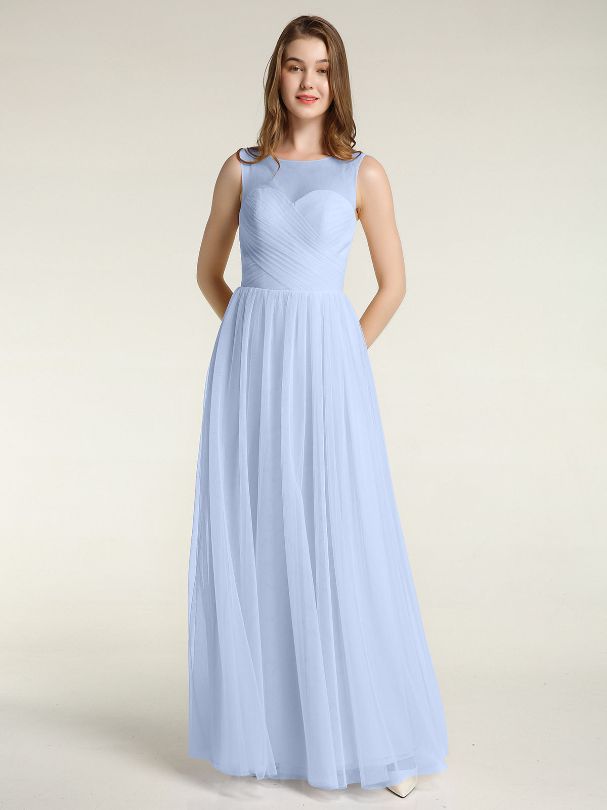 V-neck Tulle Floor Length Bridesmaid Dress Sky Blue Plus Size