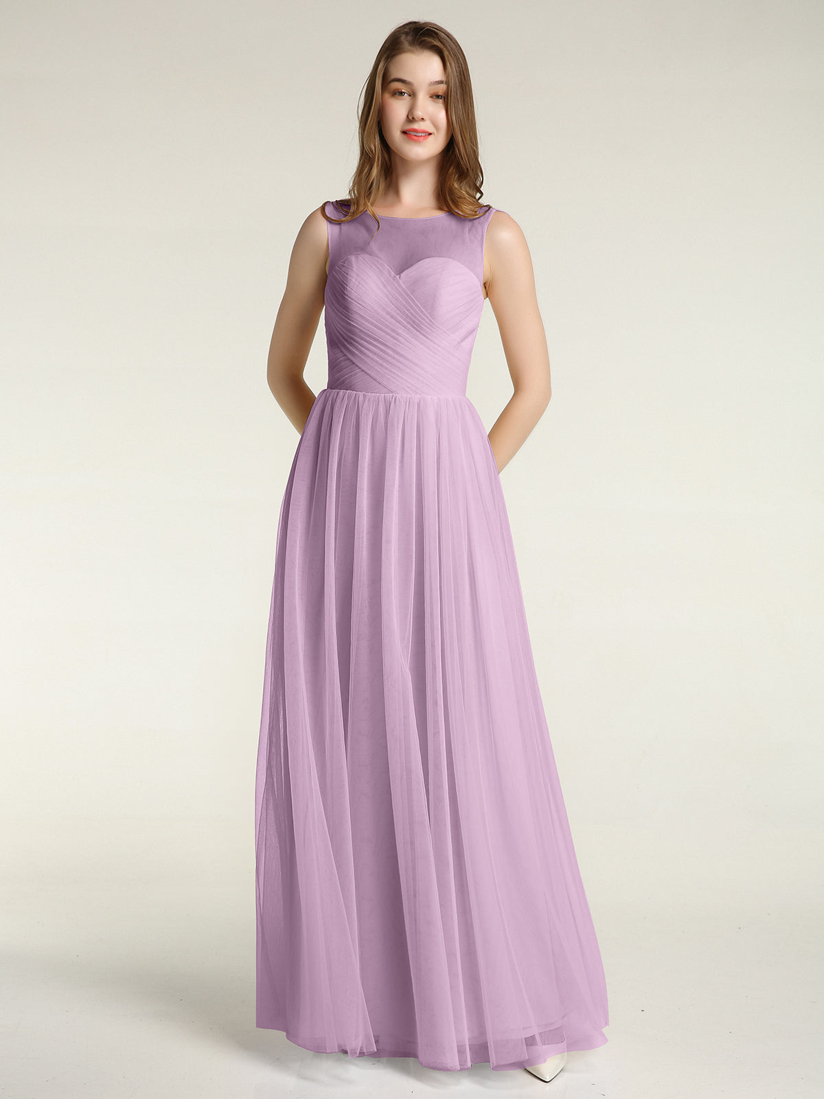 BABARONI Illusion Neck Cross Tulle Bridesmaid Dresses-Wisteria, Wisteria / US0