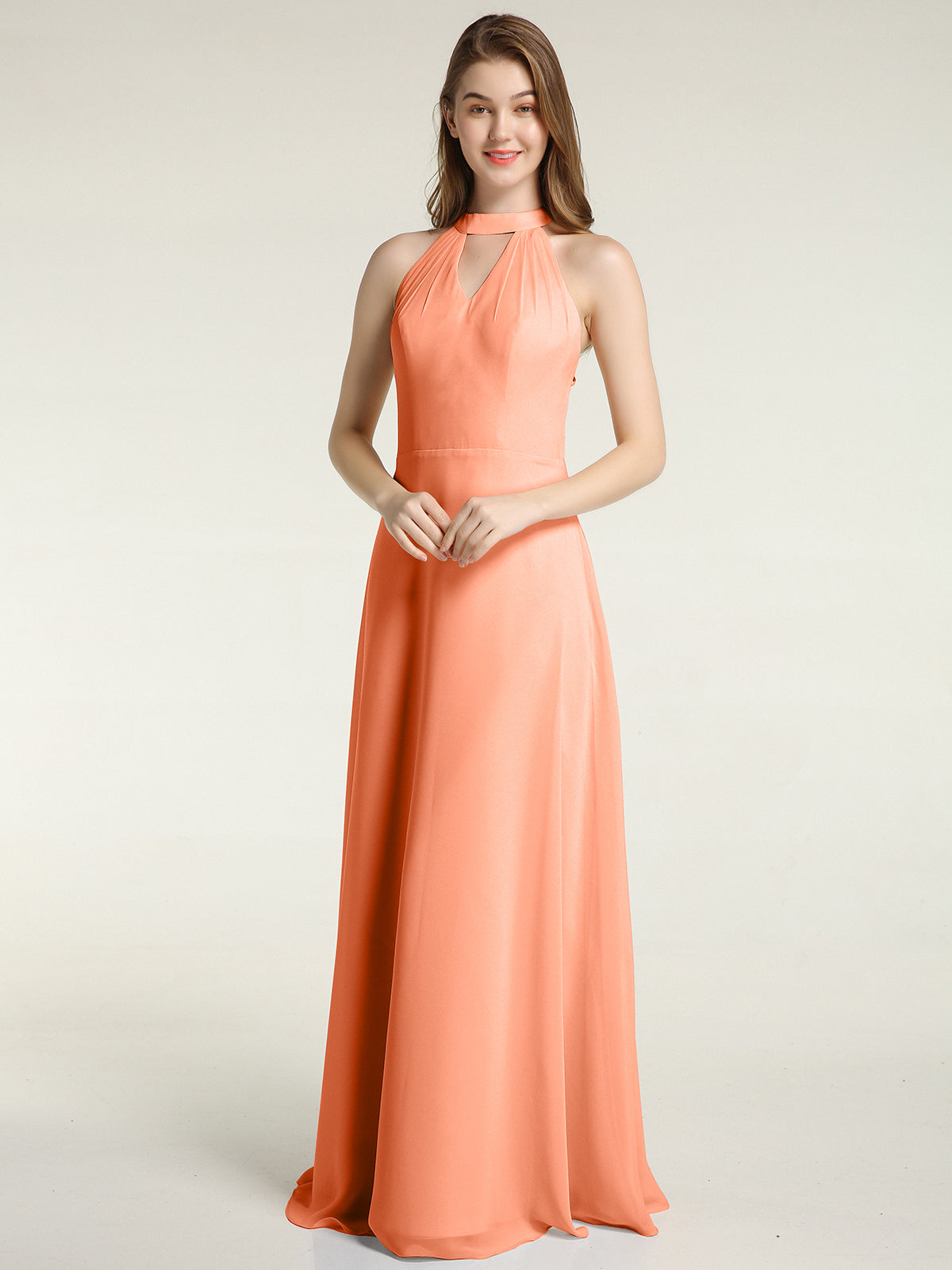 Simple Chiffon Halter Dress for Bridesmaid with Slit Papaya main image 1