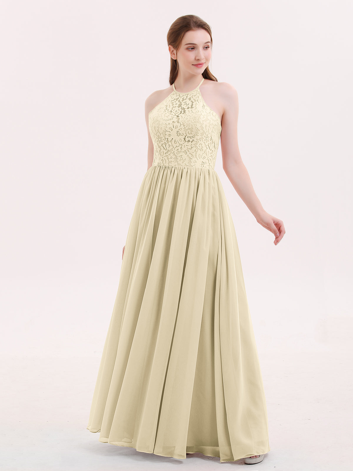 Ivory Lace Bodice Halter Long Dresses Champagne Plus Size main image 0