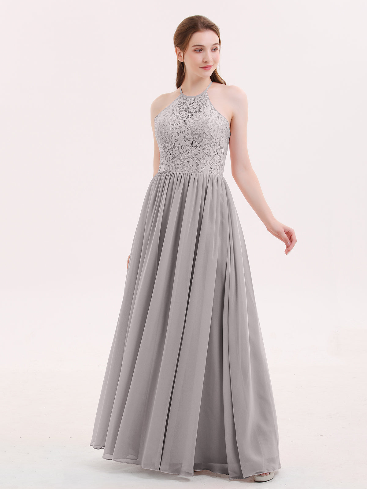 BABARONI Halter Long Gown with Lace Bodice-Silver, Silver / US0 BABARONI Halter Long Gown with Lace Bodice-Silver, Silver / US0
