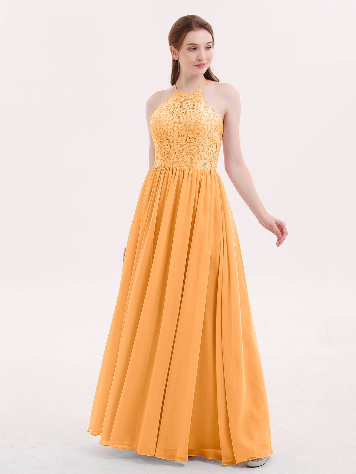 BABARONI Halter Long Gown with Lace Bodice-Tangerine, Tangerine / US0 BABARONI Halter Long Gown with Lace Bodice-Tangerine, Tangerine / US0