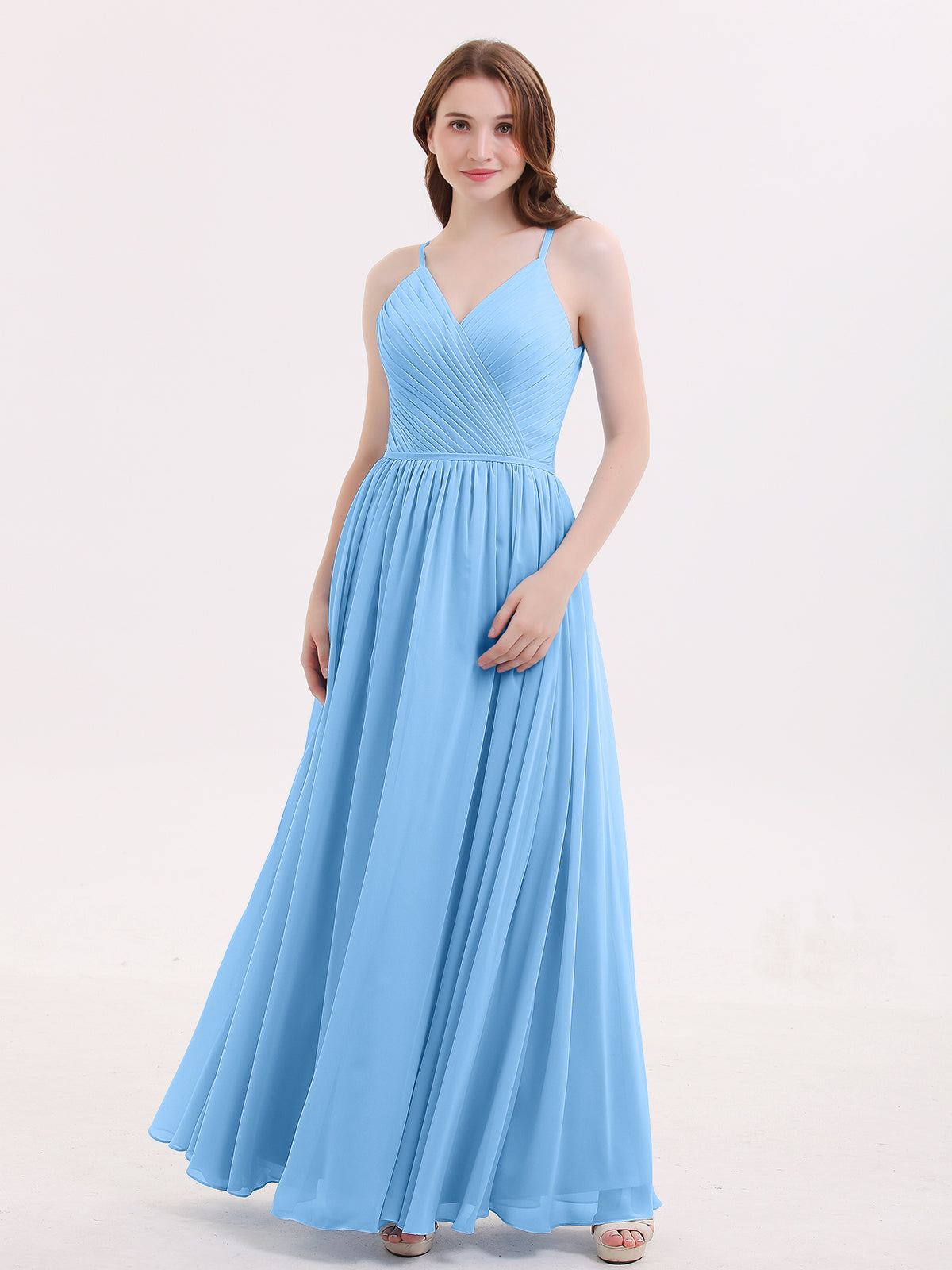 BABARONI Chiffon Blue Bridesmaid Dresses V-neck Floor-length Spaghetti Straps Ruched A-line BABARONI Chiffon Blue Bridesmaid Dresses V-neck Floor-length Spaghetti Straps Ruched A-line