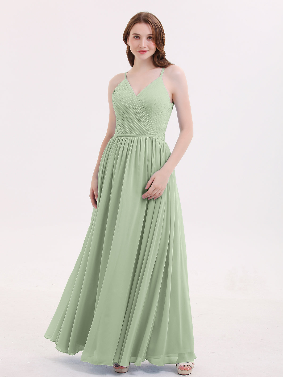BABARONI Open Back Chiffon Dress with V Neck-Dusty Sage, Dusty Sage / US0