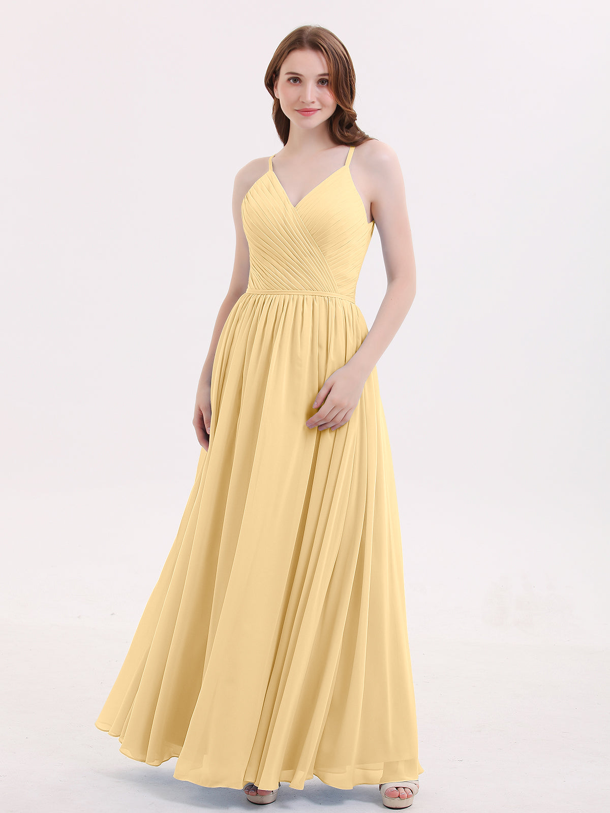 BABARONI Open Back Chiffon Dress with V Neck-Gold, Gold / US0