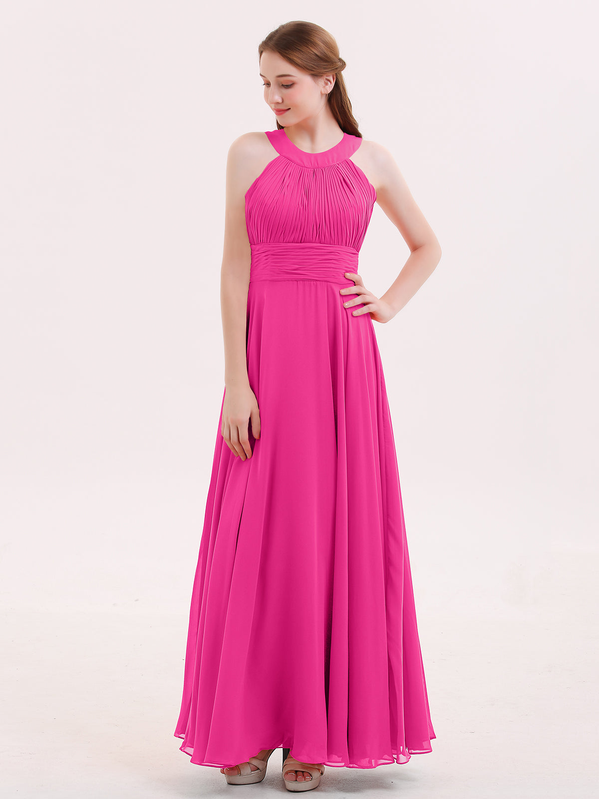 BABARONI Halter Neck Open Back Chiffon Bridesmaid Dress-Fuchsia Plus Size, Fuchsia / US18