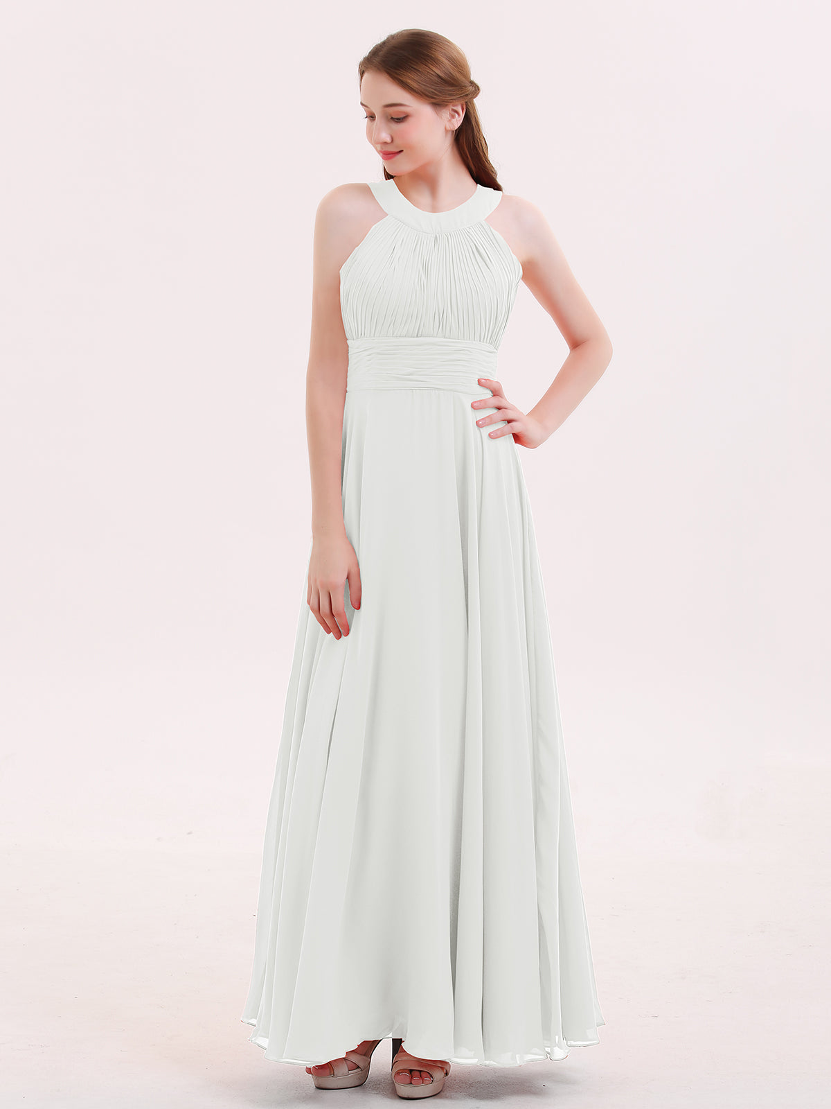 BABARONI Halter Neck Open Back Chiffon Bridesmaid Dress-Ivory, Ivory / US0