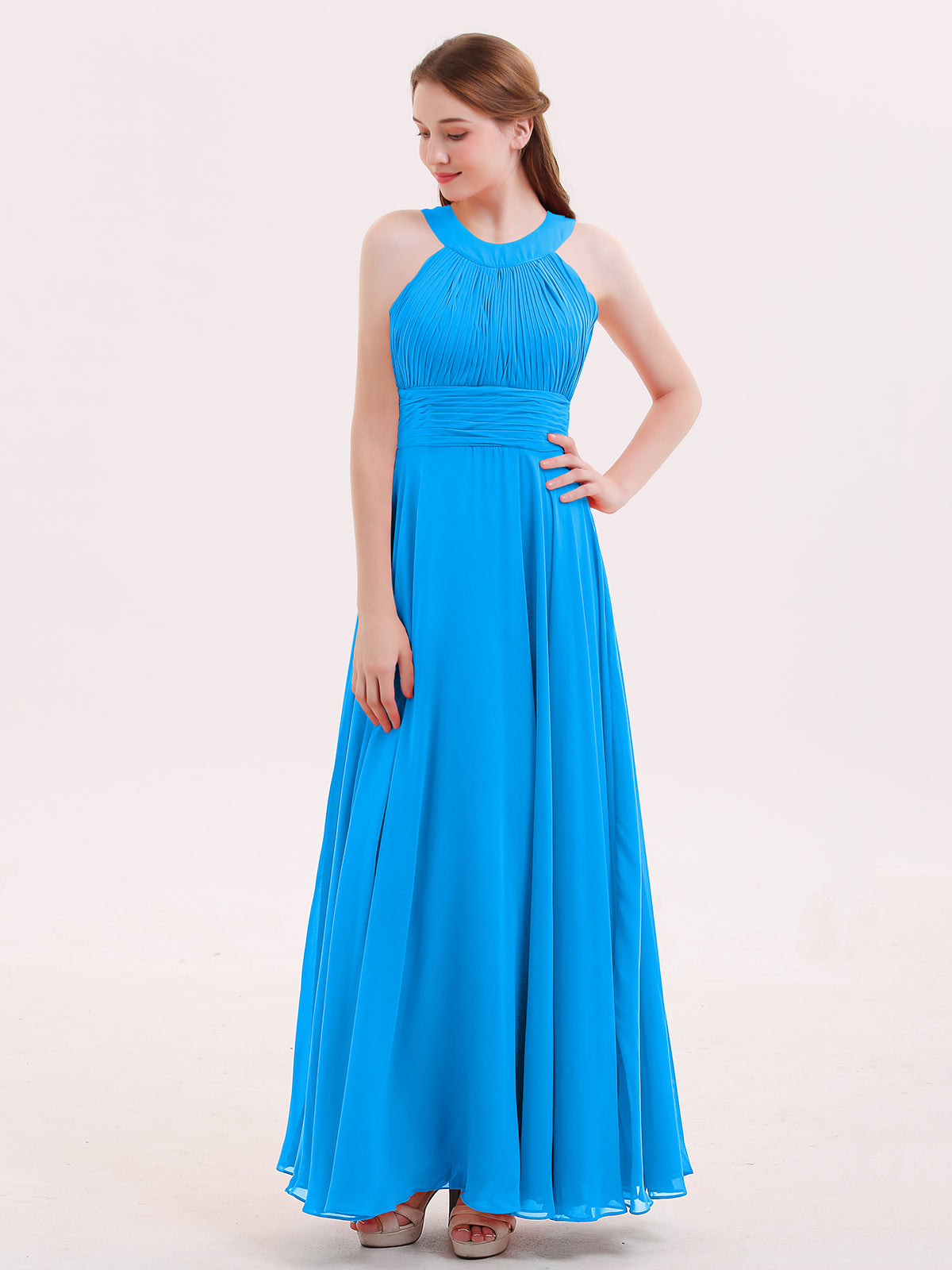 BABARONI Chiffon Ocean Blue Bridesmaid Dresses Halter Floor-length