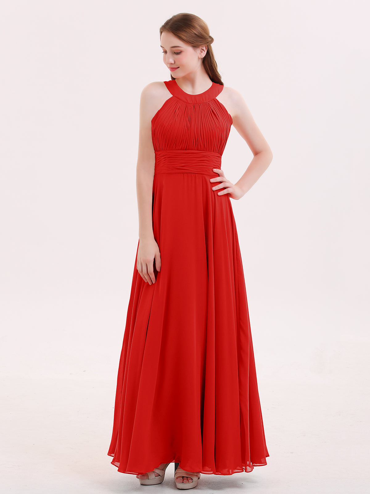 BABARONI Halter Neck Open Back Chiffon Bridesmaid Dress-Red, Red / US0